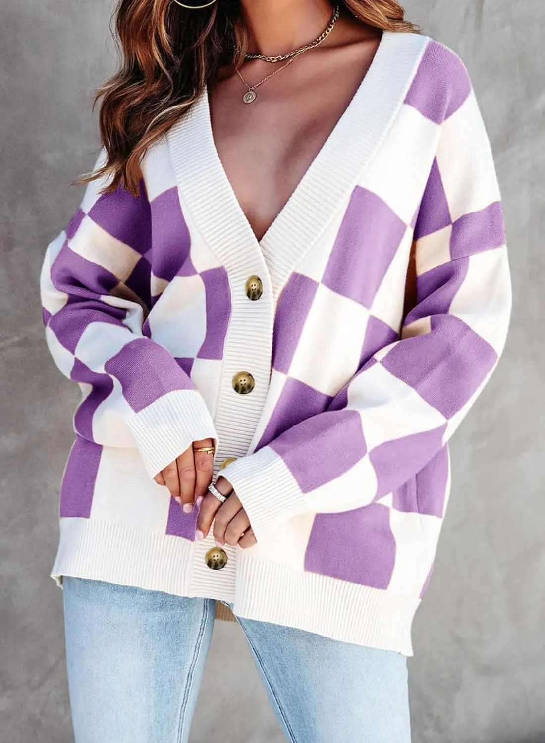 Dokotoo Womens Plaid V Neck Button Down Long Sleeve Cable Knit Oversized Cardigan Sweaters Tops