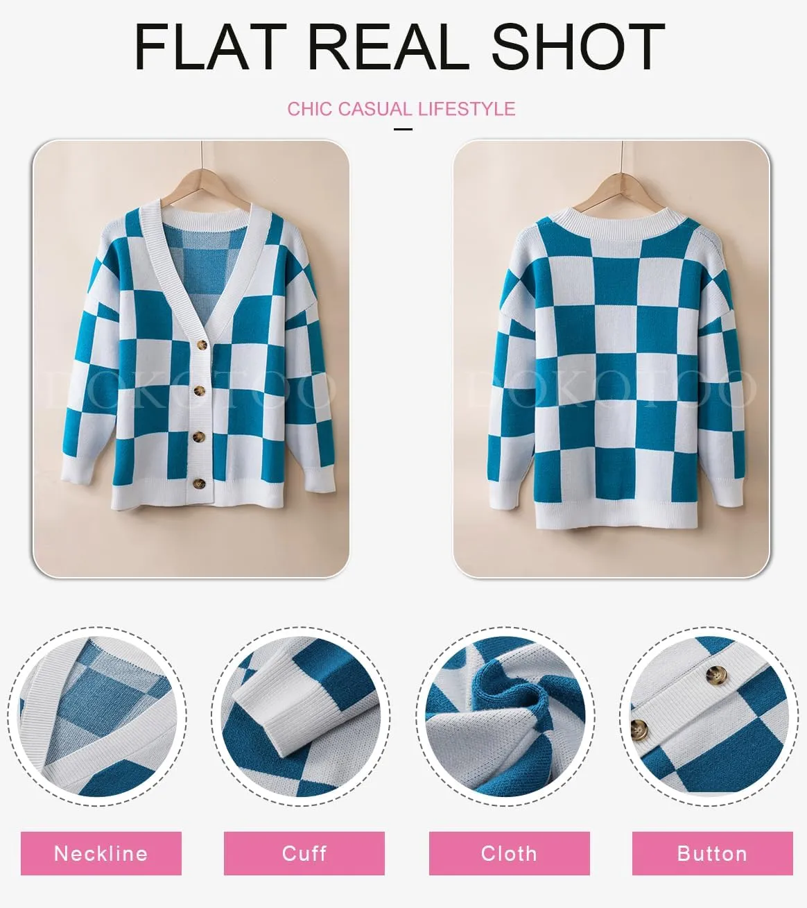 Dokotoo Womens Plaid V Neck Button Down Long Sleeve Cable Knit Oversized Cardigan Sweaters Tops