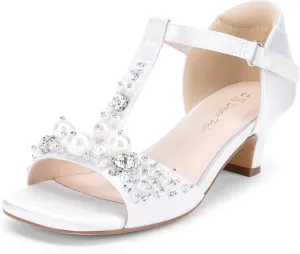 DREAM PAIRS Girls Sandals Ankle Strap T-Strap Low Heel Pearl Bow Flower Pump Dress Wedding Party Shoes for Little Kid/Big Kid