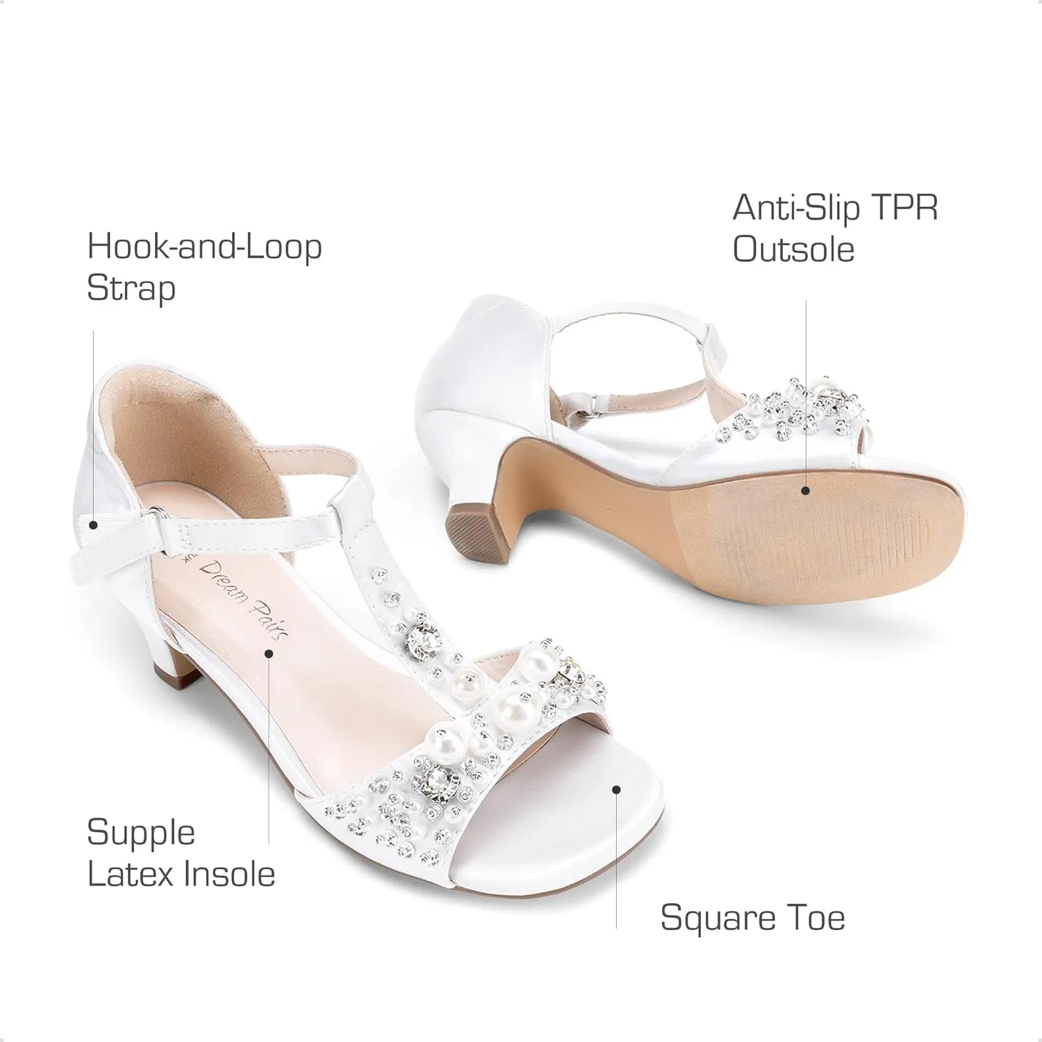 DREAM PAIRS Girls Sandals Ankle Strap T-Strap Low Heel Pearl Bow Flower Pump Dress Wedding Party Shoes for Little Kid/Big Kid