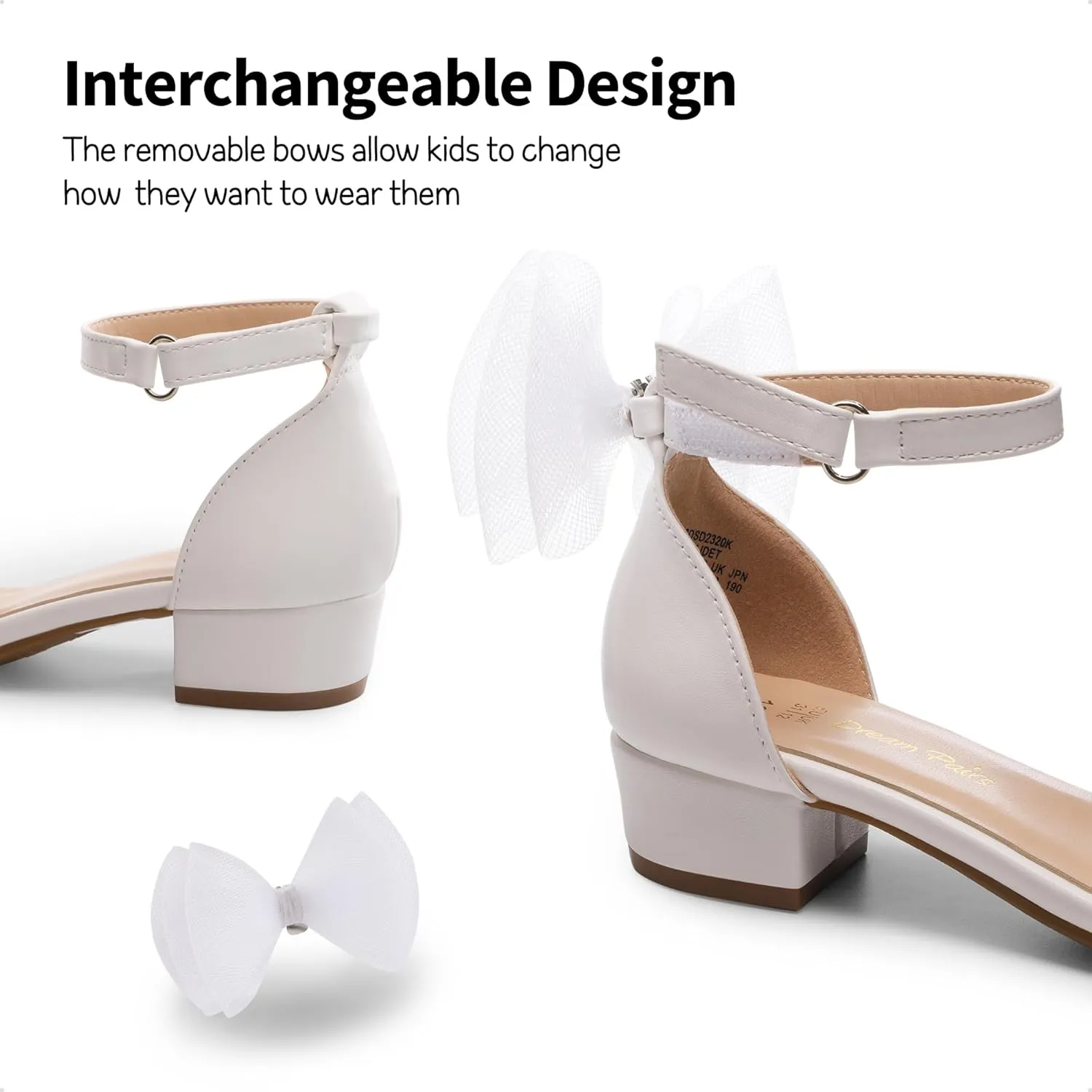 DREAM PAIRS Girls Sandals Low Heel Dress Pump Ankle Strap Interchangeable Bow Flower Wedding Party Shoes for Little Kid/Big Kid