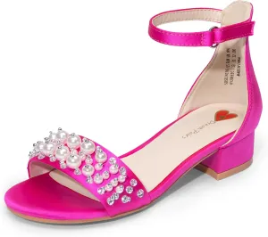 DREAM PAIRS Girls Sandals Low Heel Pump Ankle Strap Pearl Dress Flower Wedding Party Shoes for Little Kid/Big Kid