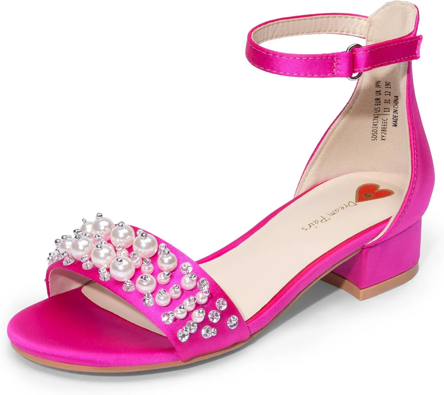 DREAM PAIRS Girls Sandals Low Heel Pump Ankle Strap Pearl Dress Flower Wedding Party Shoes for Little Kid/Big Kid