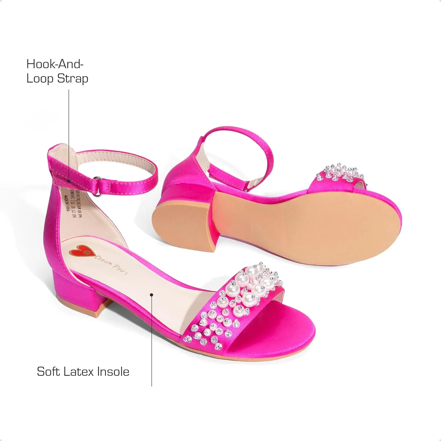 DREAM PAIRS Girls Sandals Low Heel Pump Ankle Strap Pearl Dress Flower Wedding Party Shoes for Little Kid/Big Kid