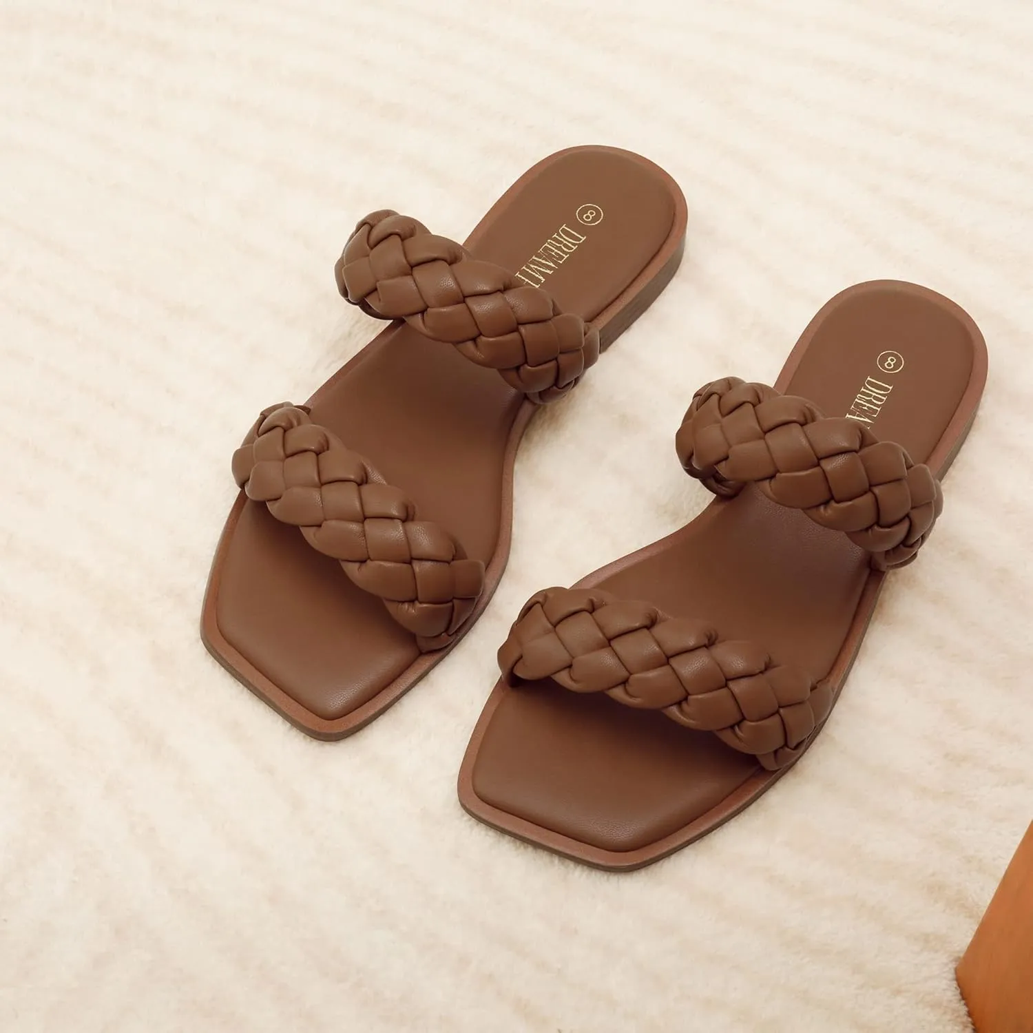 DREAM PAIRS Women's Braided Sandals Slip on Slides Two Straps Square Toe Dressy for Summer