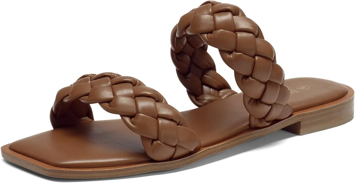 DREAM PAIRS Women's Braided Sandals Slip on Slides Two Straps Square Toe Dressy for Summer