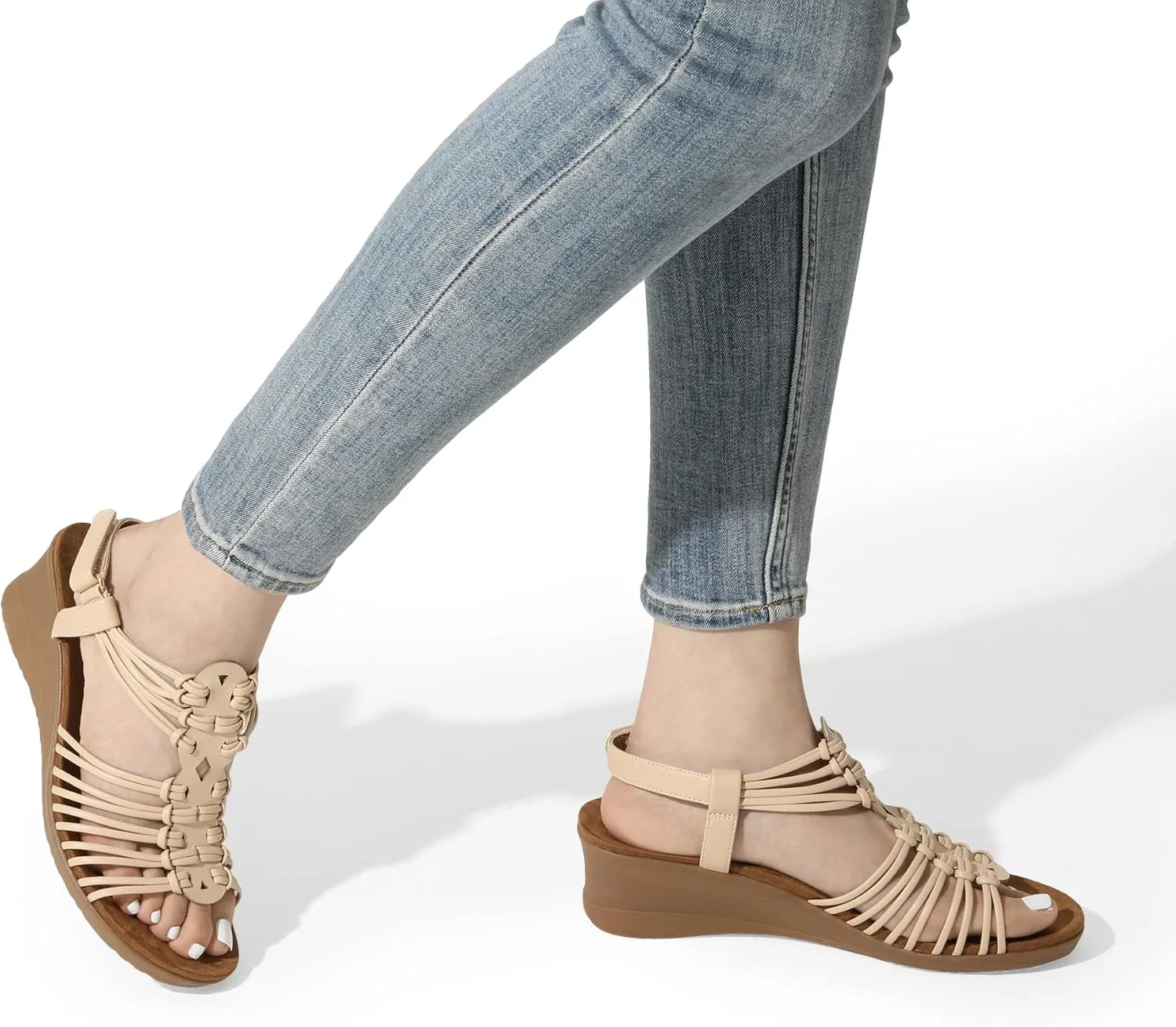 DREAM PAIRS Women's Comfortable Strappy Low Heel Open Toe Slip-On Wedge Sandals Arch Support for Summer Dressy Shoes