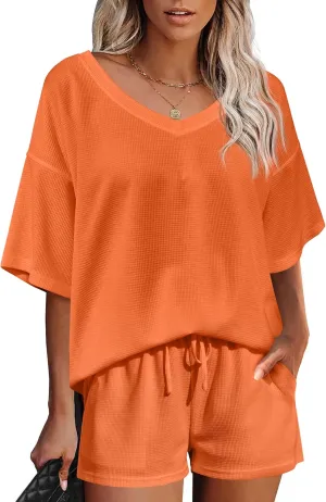 Ekouaer Womens 2 Piece Short Sleeve Waffle Knit V Neck Off Shoulder Casual Loose Fit Sweatsuit Outfits