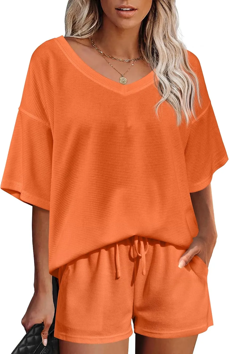 Ekouaer Womens 2 Piece Short Sleeve Waffle Knit V Neck Off Shoulder Casual Loose Fit Sweatsuit Outfits