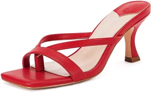 Ermonn Womens Square Open Toe Heels Sandals Slides Thong Stiletto Backless Slip on Slippers Shoes