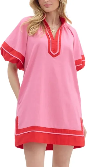 Esmeling Women’s Color Block Pullover Dress V Neck Puff Sleeve Shirt Dress Casual Mini Dress with Pockets