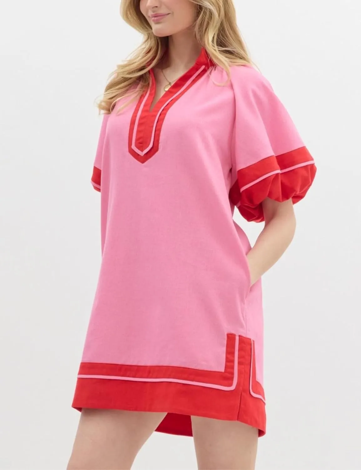 Esmeling Women’s Color Block Pullover Dress V Neck Puff Sleeve Shirt Dress Casual Mini Dress with Pockets