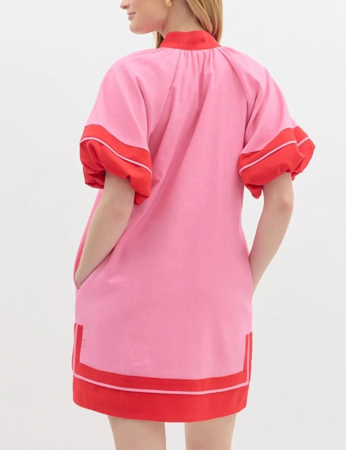 Esmeling Women’s Color Block Pullover Dress V Neck Puff Sleeve Shirt Dress Casual Mini Dress with Pockets