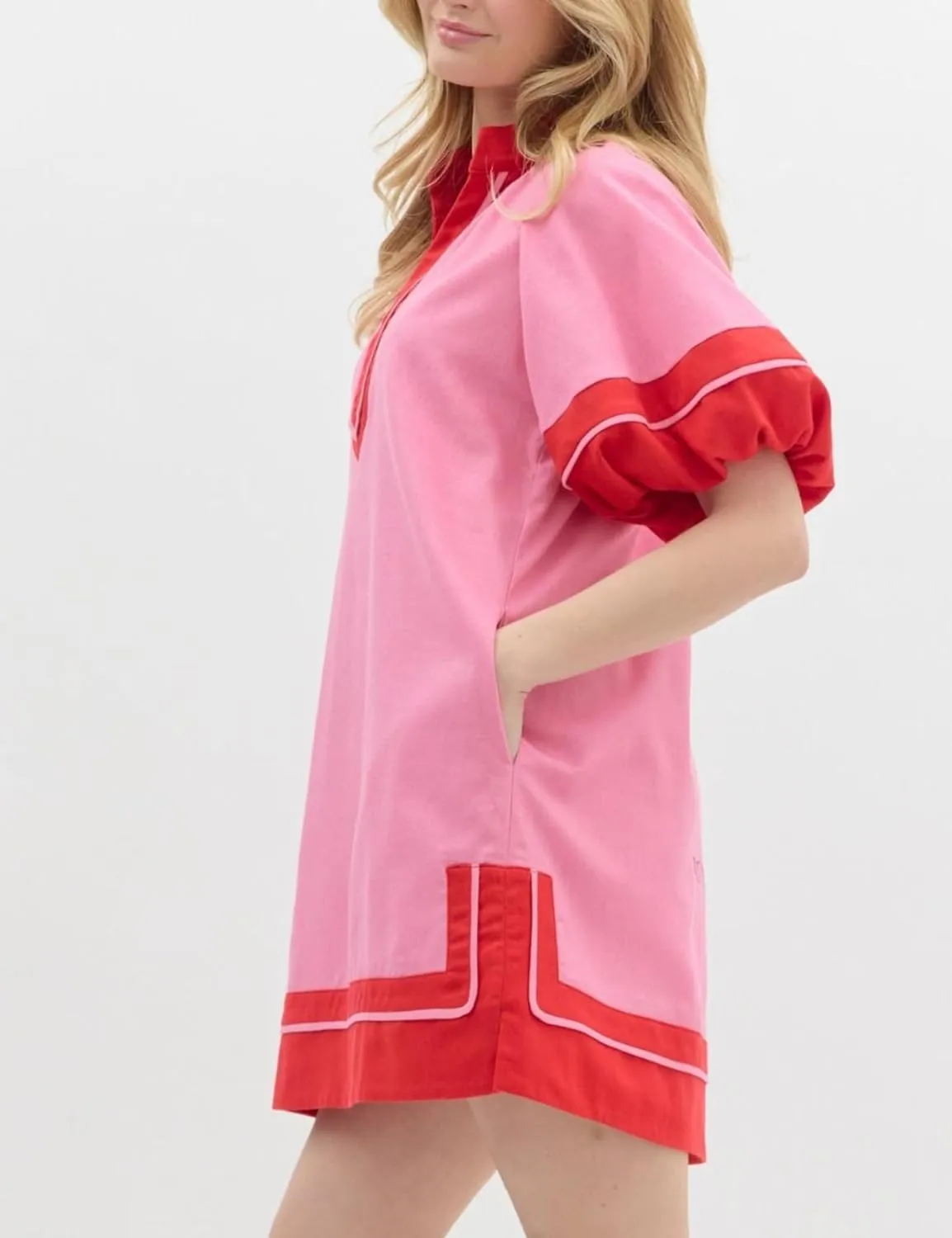Esmeling Women’s Color Block Pullover Dress V Neck Puff Sleeve Shirt Dress Casual Mini Dress with Pockets