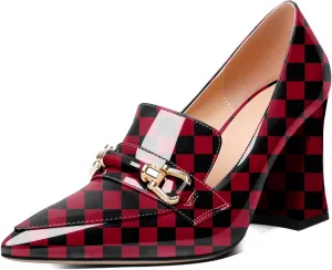 Esvowido Women's Chunky Heel Loafers Closed Pointed Toe Metal Buckle Slip On High Heels Elegant Comfort Fashion Shoes
