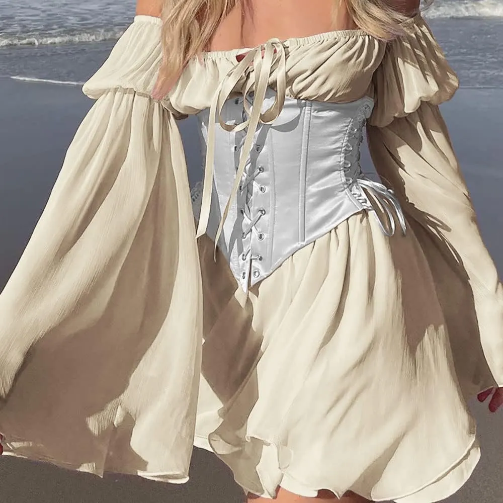 ETATNG Womens Two Piece Corset Dress Off Shoulder Bell Sleeve Summer Party Lace Up Bustier Dress