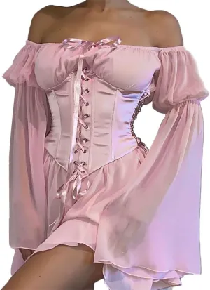 ETATNG Womens Two Piece Corset Dress Off Shoulder Bell Sleeve Summer Party Lace Up Bustier Dress
