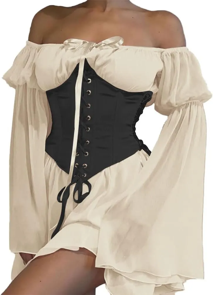 ETATNG Womens Two Piece Corset Dress Off Shoulder Bell Sleeve Summer Party Lace Up Bustier Dress