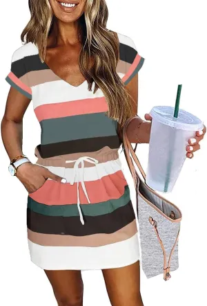 ETCYY NEW Womens Summer Dress Lantern Sleeve Square Neck Tie Front A-Line Double Layer Hem Mini Dresses