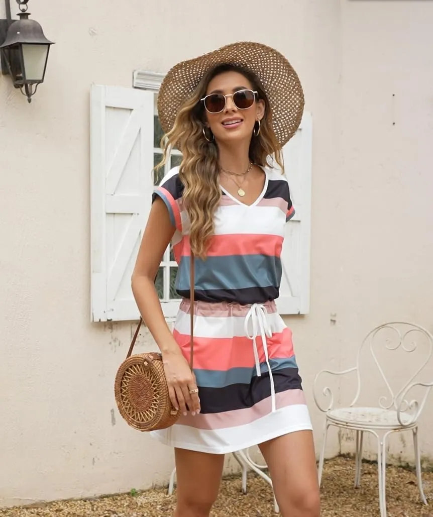 ETCYY NEW Womens Summer Dress Lantern Sleeve Square Neck Tie Front A-Line Double Layer Hem Mini Dresses