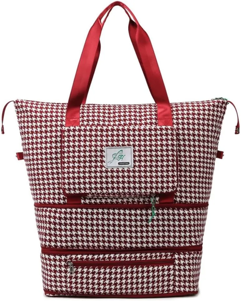 Extendable Travel Duffle Bag Tote Bag Gym Bag for Women Weekender Overnight Houndstooth Duffel Bag (Red)