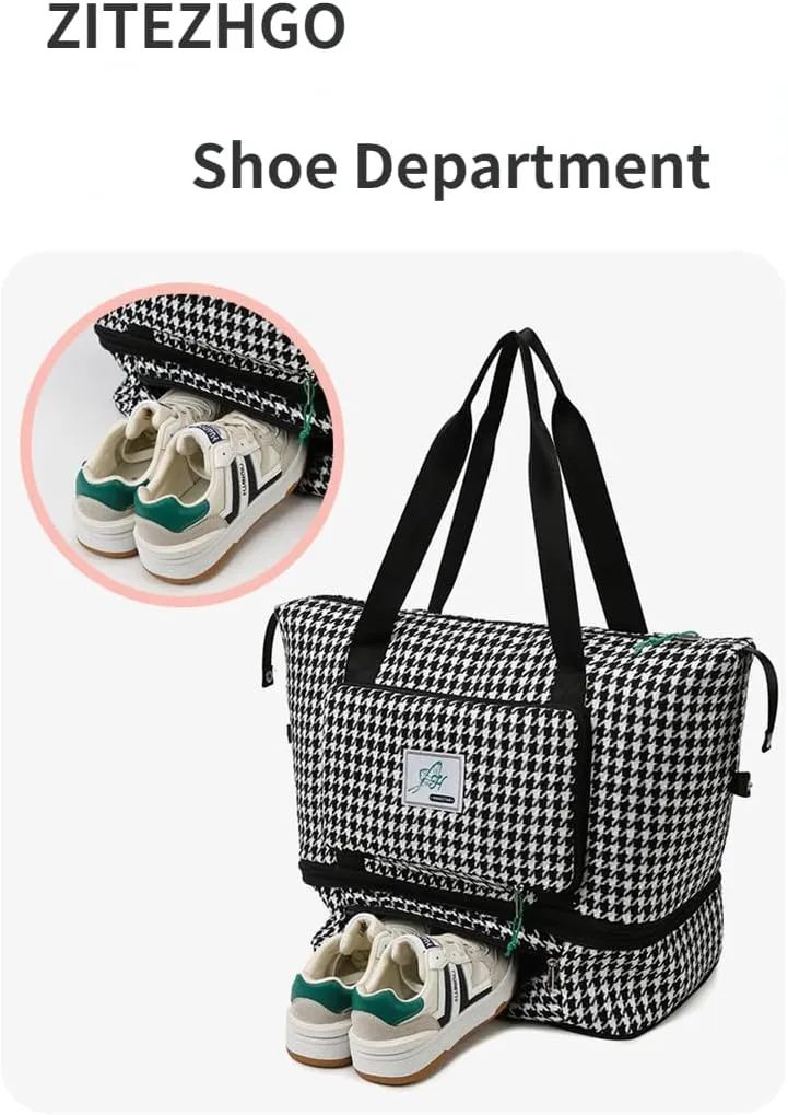 Extendable Travel Duffle Bag Tote Bag Gym Bag for Women Weekender Overnight Houndstooth Duffel Bag (Red)
