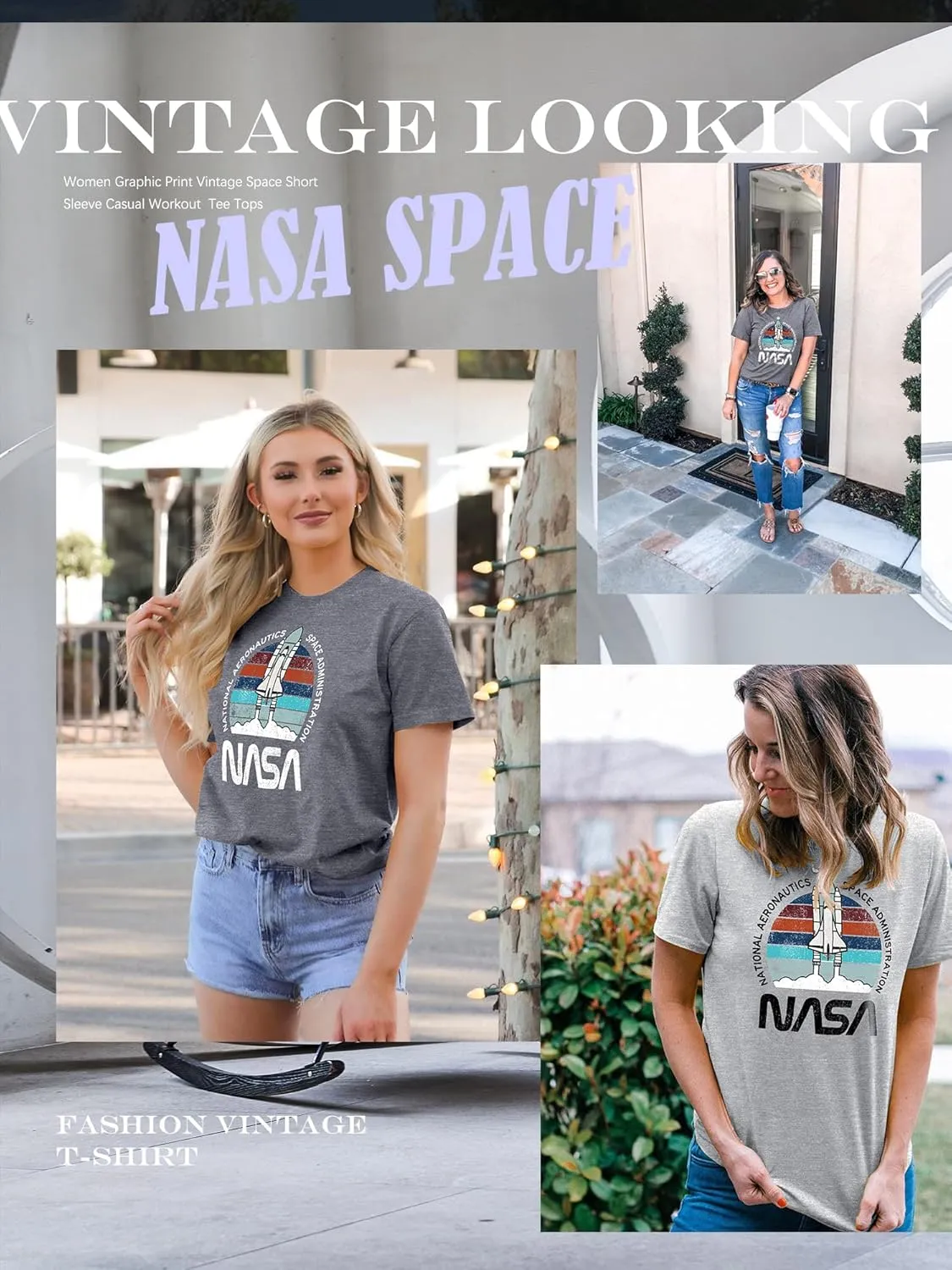 Ezcosplay Women Cute NASA Shirt Vintage Space Shuttle Graphic T-Shirt Short Sleeve Tee Tops