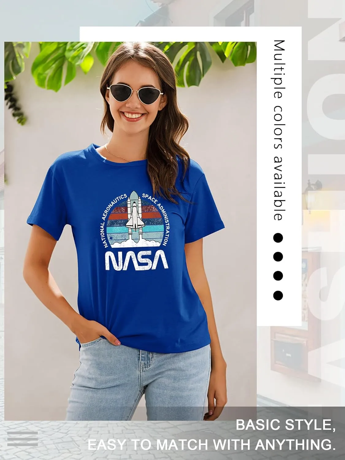 Ezcosplay Women Cute NASA Shirt Vintage Space Shuttle Graphic T-Shirt Short Sleeve Tee Tops