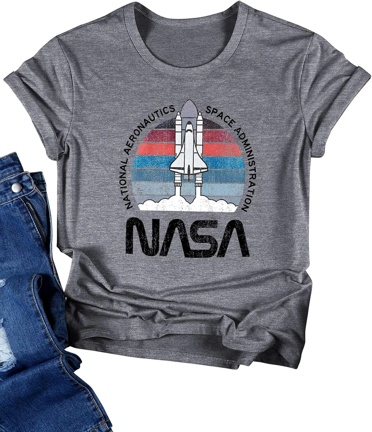 Ezcosplay Women Cute NASA Shirt Vintage Space Shuttle Graphic T-Shirt Short Sleeve Tee Tops