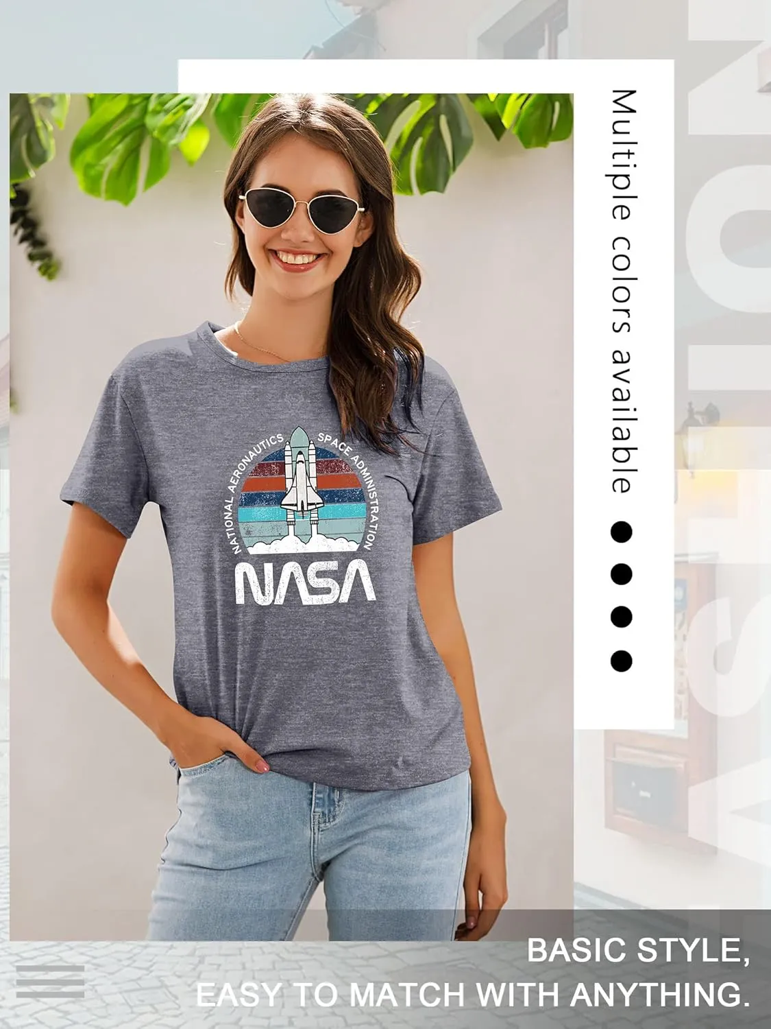 Ezcosplay Women Cute NASA Shirt Vintage Space Shuttle Graphic T-Shirt Short Sleeve Tee Tops