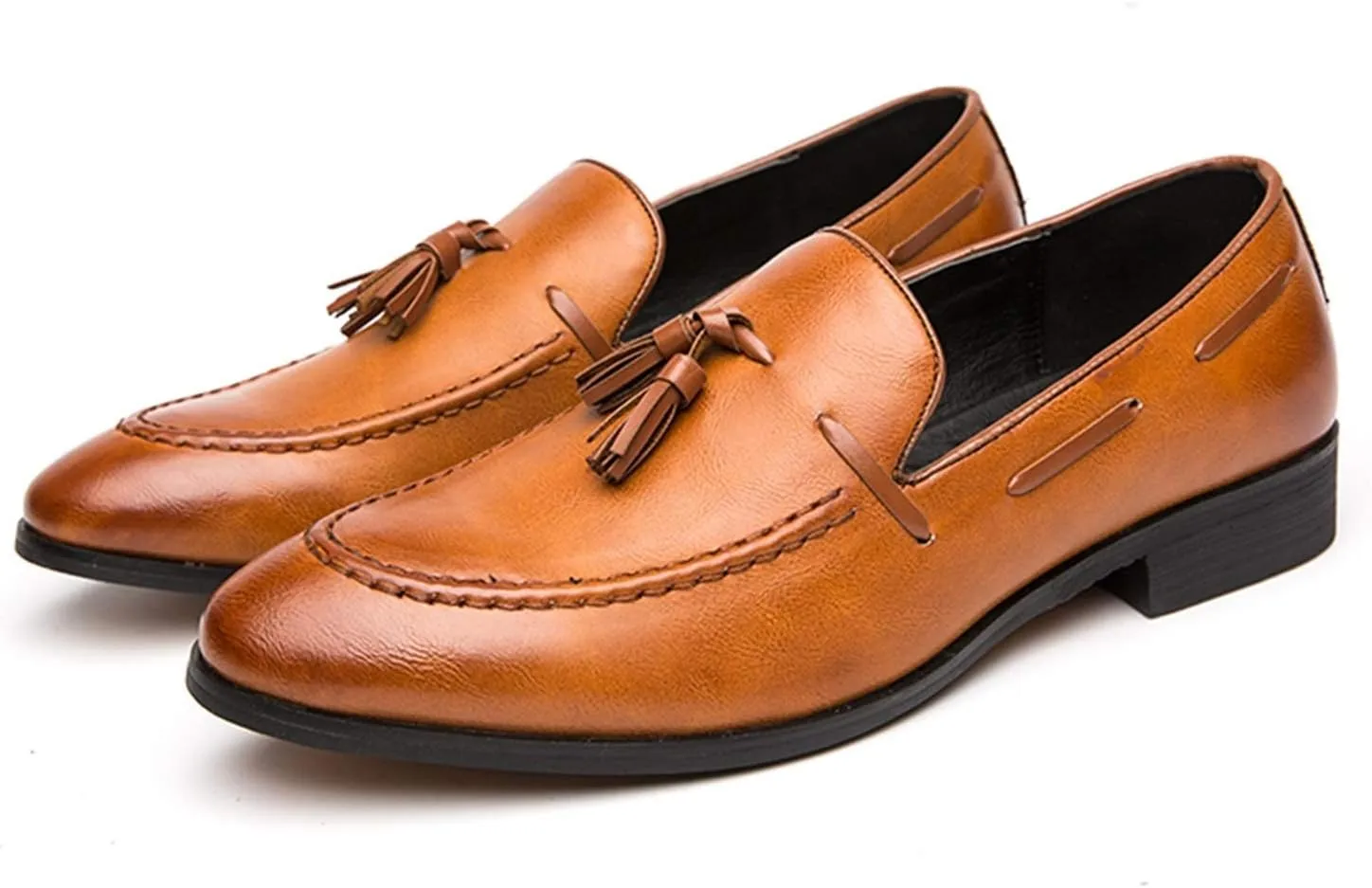 Fashion Men's Tassel Deck Loafers Lightweight Brush Off Boat Shoes PU Leather Pointed Toe Slip on Block Heel Anti-Slip Solid Color Casual