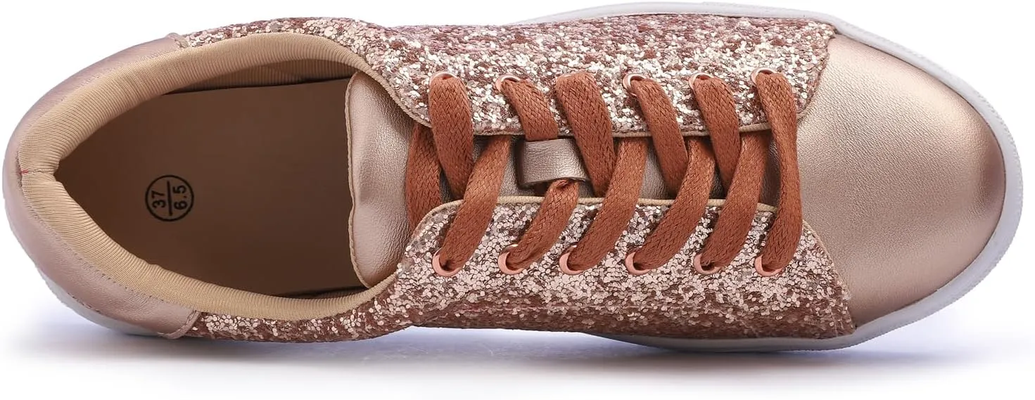 FEVERSOLE Women's Fashion Lace Up Dress Sneakers Sparkly Party Shiny Shoes