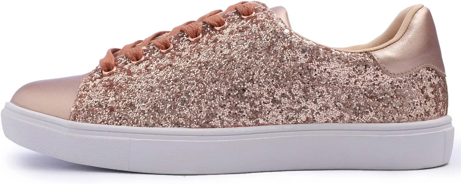 FEVERSOLE Women's Fashion Lace Up Dress Sneakers Sparkly Party Shiny Shoes