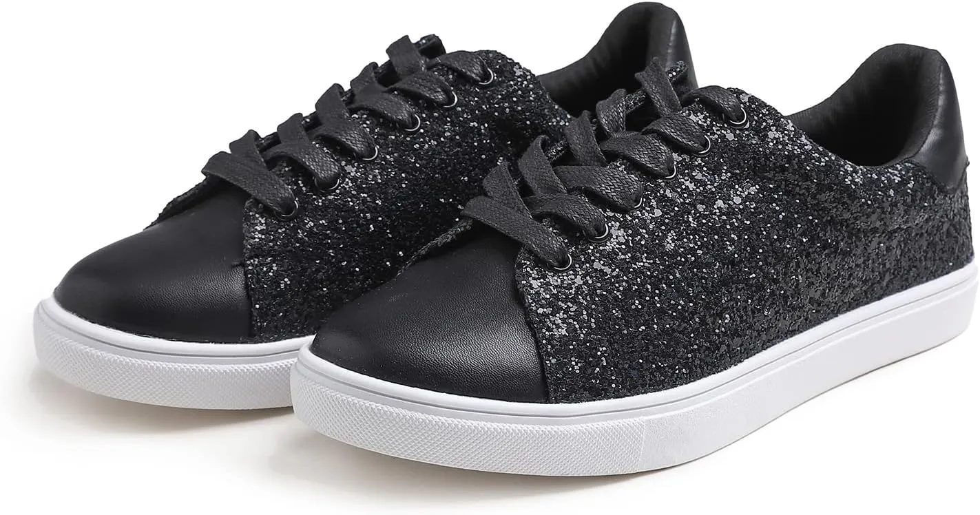 FEVERSOLE Women's Fashion Lace Up Dress Sneakers Sparkly Party Shiny Shoes