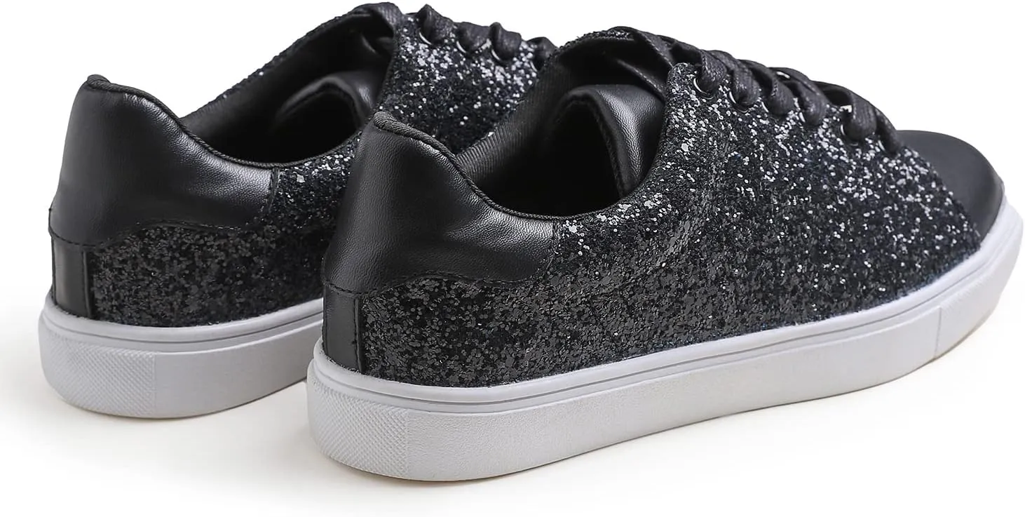 FEVERSOLE Women's Fashion Lace Up Dress Sneakers Sparkly Party Shiny Shoes