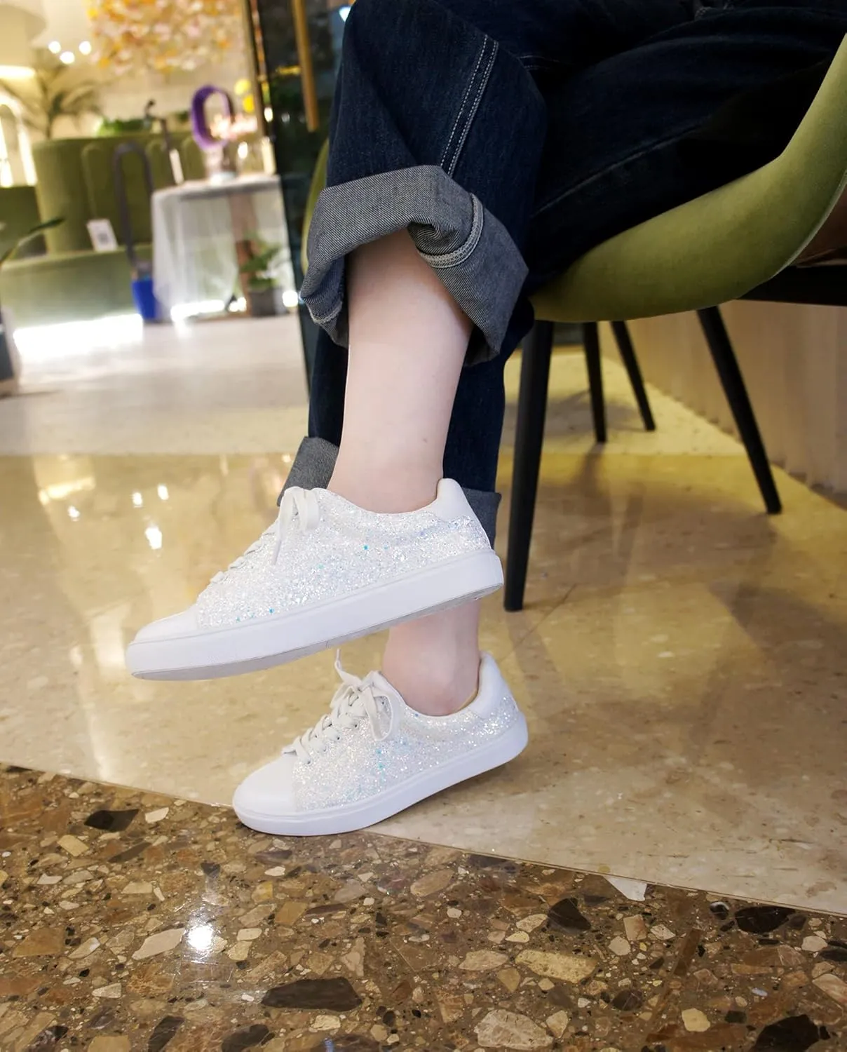 FEVERSOLE Women's Fashion Lace Up Dress Sneakers Sparkly Party Shiny Shoes
