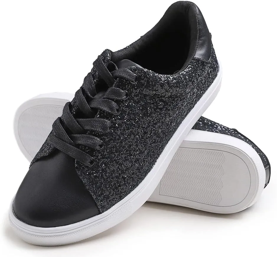 FEVERSOLE Women's Fashion Lace Up Dress Sneakers Sparkly Party Shiny Shoes