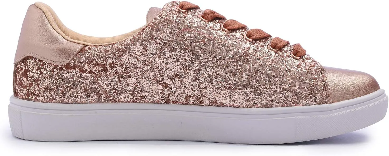 FEVERSOLE Women's Fashion Lace Up Dress Sneakers Sparkly Party Shiny Shoes