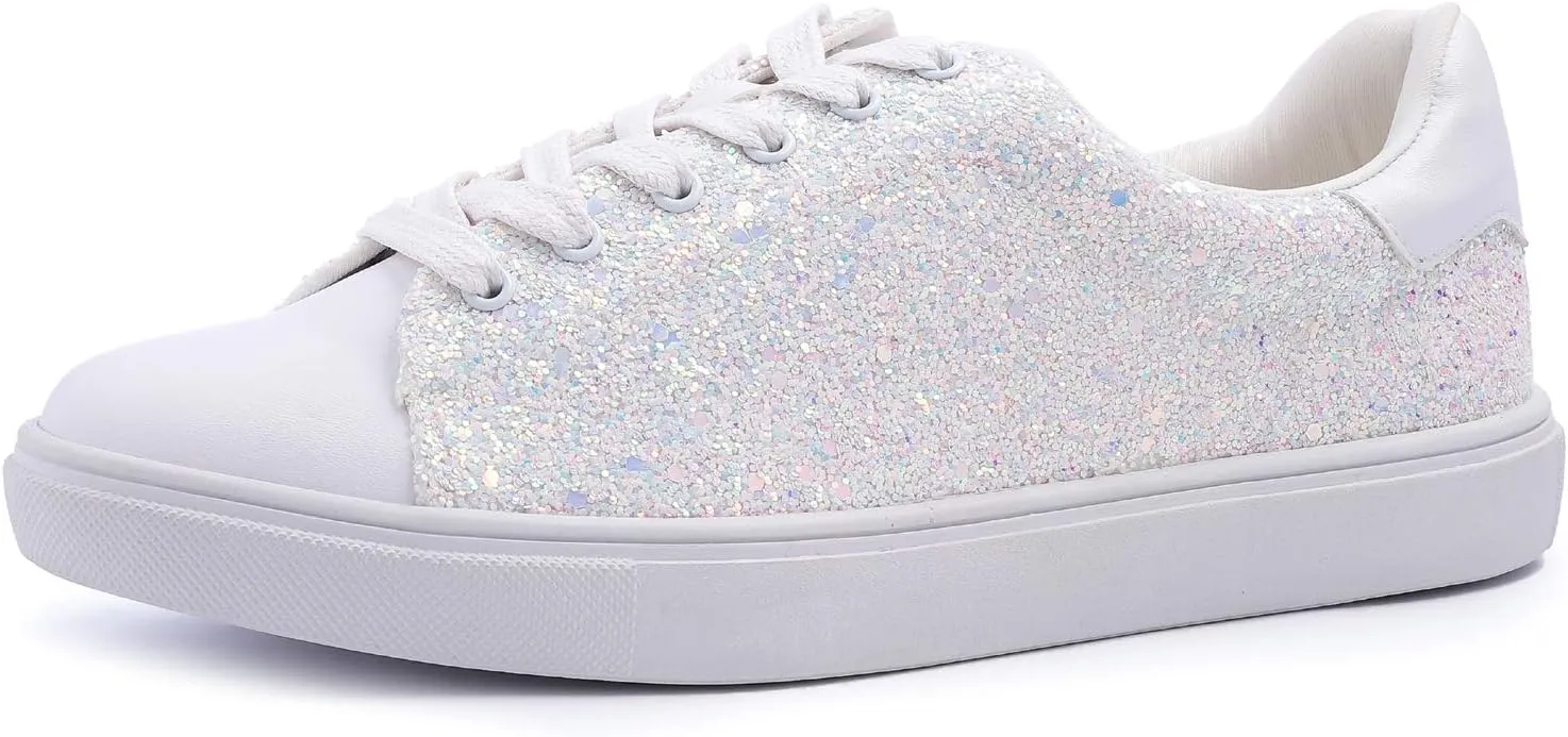FEVERSOLE Women's Fashion Lace Up Dress Sneakers Sparkly Party Shiny Shoes
