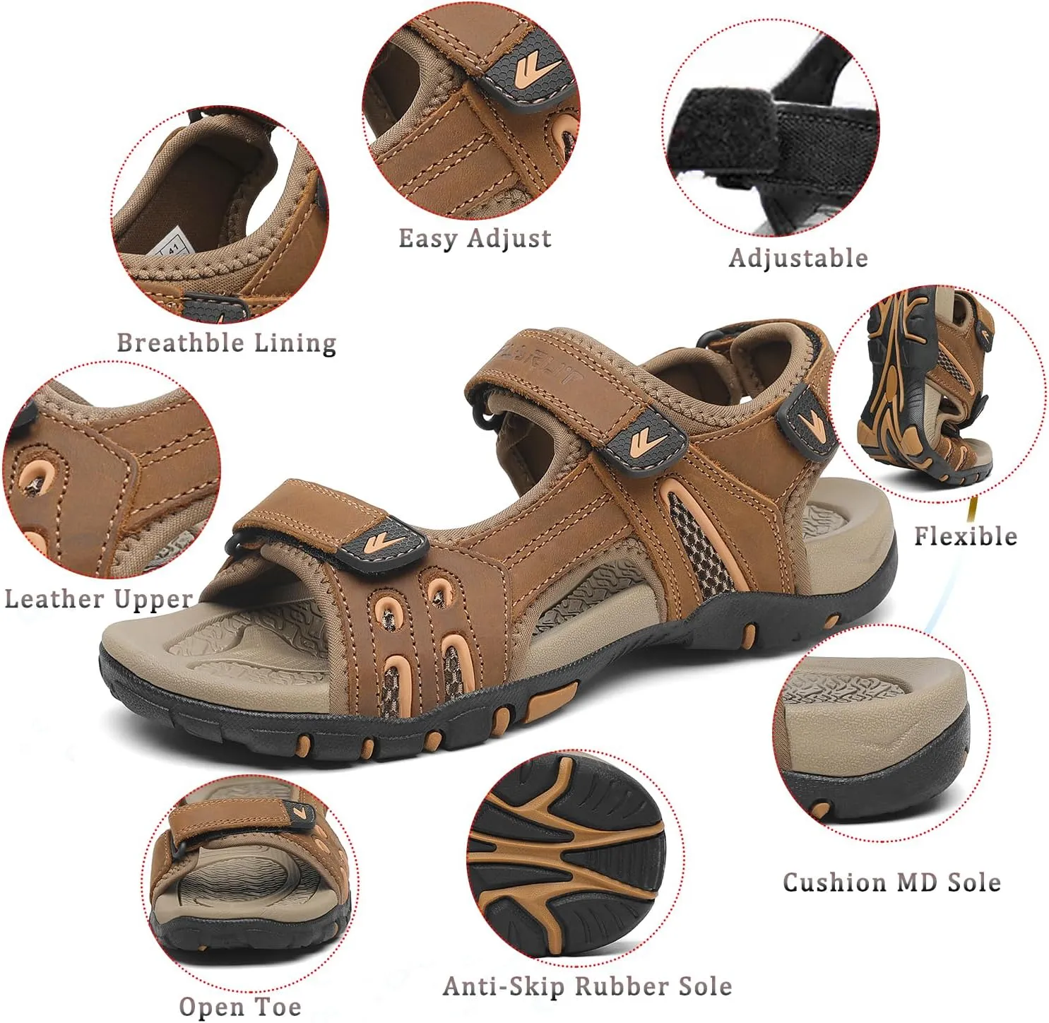 FLARUT Men's Athletic Sandals Sport Outdoor Hiking Sandals Open Toe Leather Walking Sandals Beach Water Shoes
