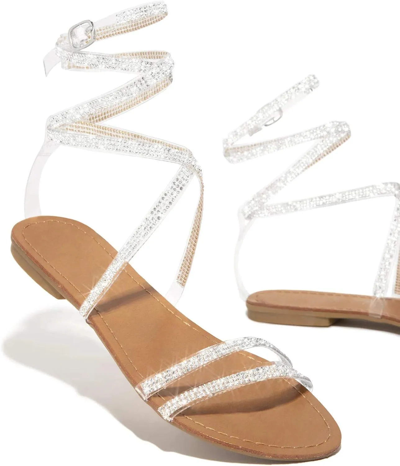 Flat Sandals for Women, Sparkly Silver Sandals Woman Dressy Summer, Rhinestone Sandals Flower Beach Flip Flops Elegant Bridal Sandals Toe Ring Strappy Wedding Sandals for Bride (a-White, 8)