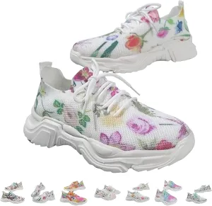 Floral Print Lace-Up Breathable Orthopedic Sneakers,Women's Mesh Breathable Sneakers,Anti-Slip Thick Soled Shoes.