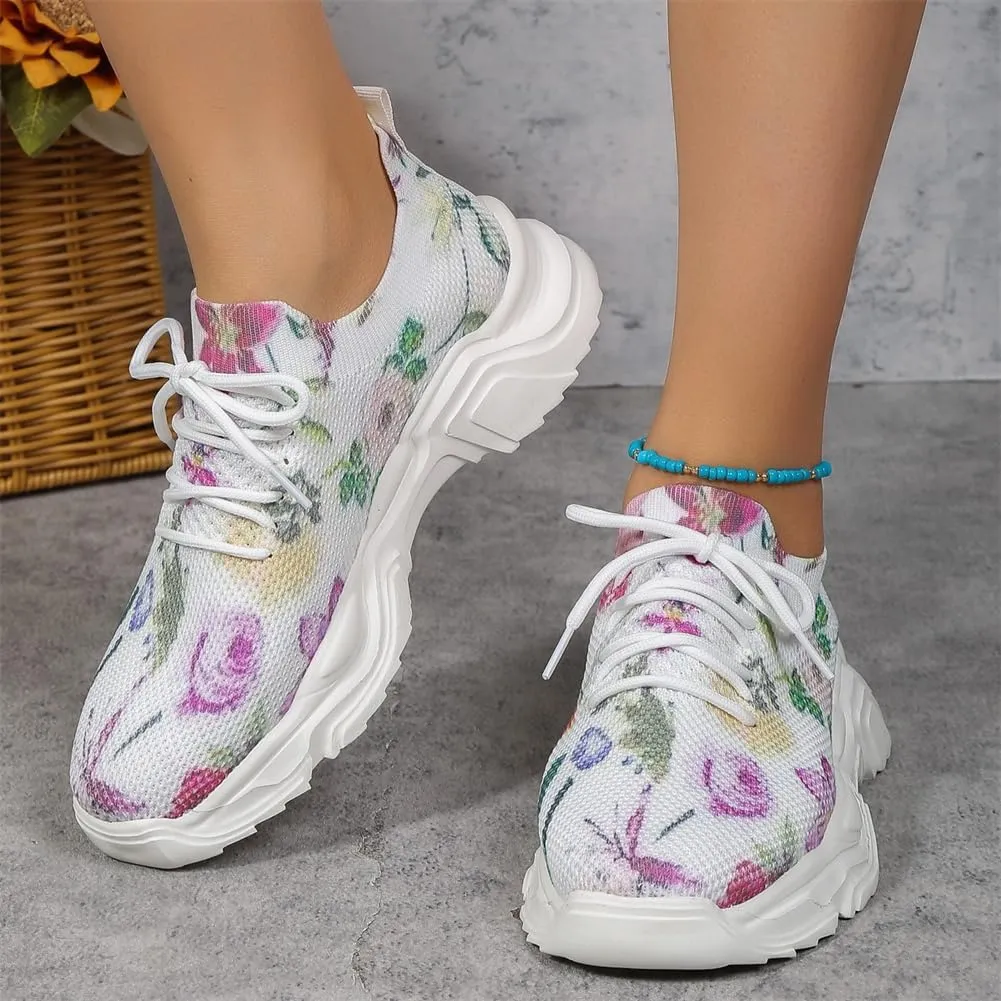 Floral Print Lace-Up Breathable Orthopedic Sneakers,Women's Mesh Breathable Sneakers,Anti-Slip Thick Soled Shoes.