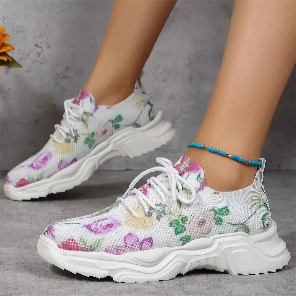 Floral Print Lace-Up Breathable Orthopedic Sneakers,Women's Mesh Breathable Sneakers,Anti-Slip Thick Soled Shoes.