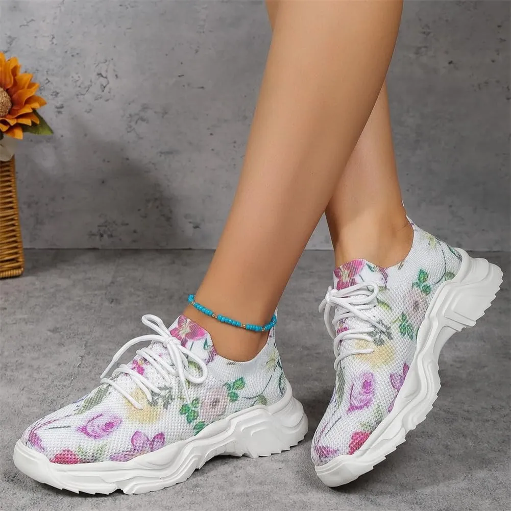Floral Print Lace-Up Breathable Orthopedic Sneakers,Women's Mesh Breathable Sneakers,Anti-Slip Thick Soled Shoes.