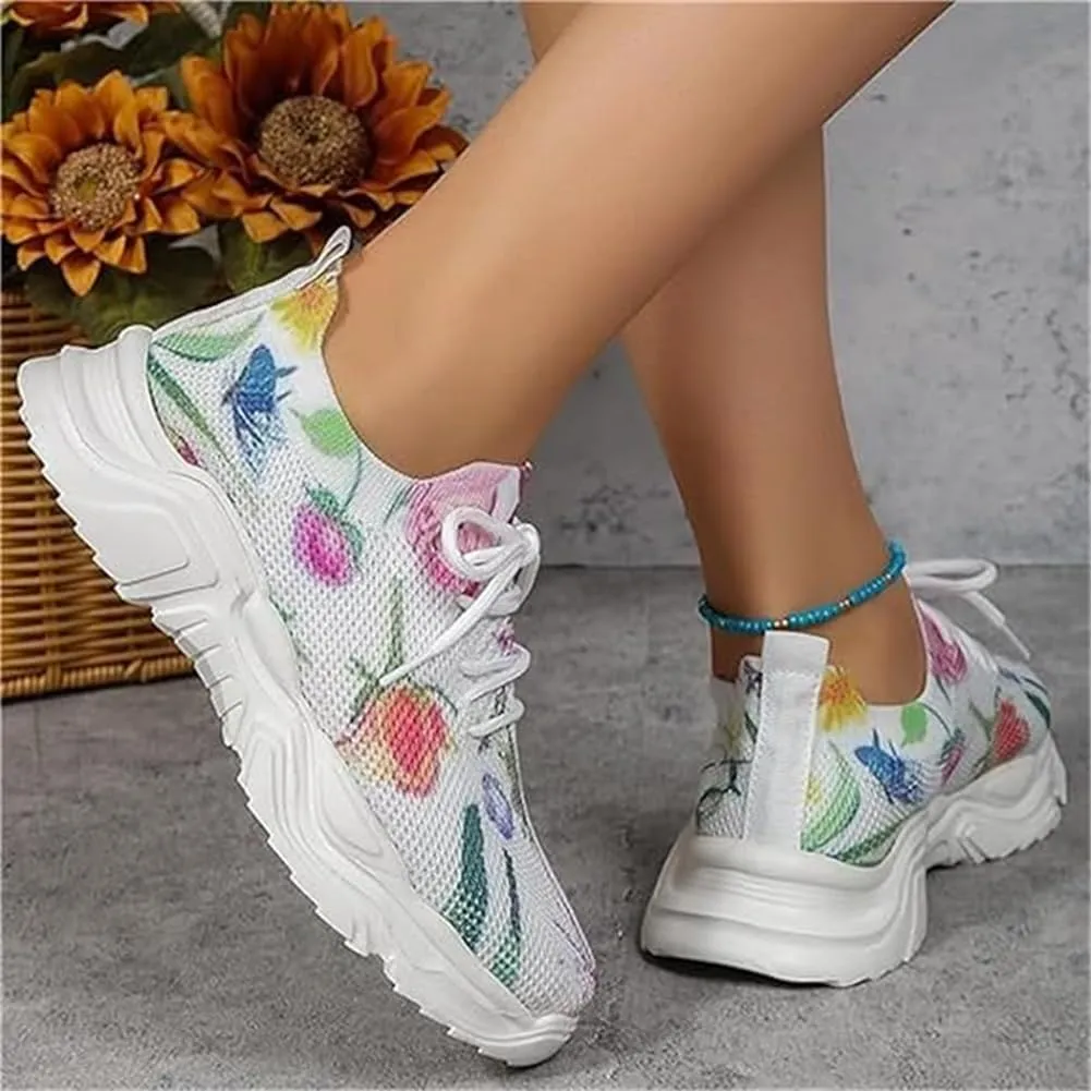 Floral Print Lace-Up Breathable Orthopedic Sneakers,Women's Mesh Breathable Sneakers,Anti-Slip Thick Soled Shoes.