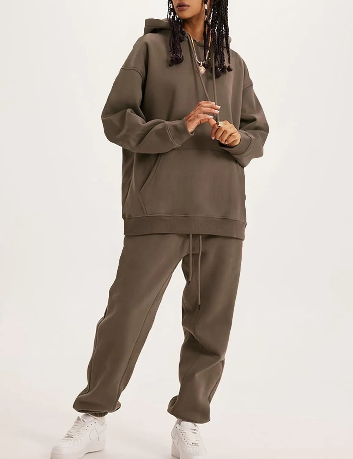 Flygo Womens Fleece 2 Piece Outfits Lounge Hoodie Sweatsuits Sets Oversized Sweatshirt Baggy Sweatpants Set W/Pockets
