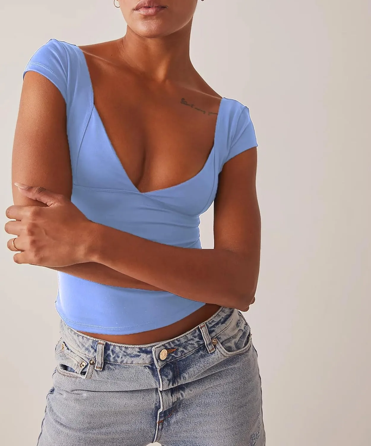 ForeFair Women Sexy Deep V Neck Backless Tank Top Slim Fit Summer Casual Y2k Crop Short Sleeve Top