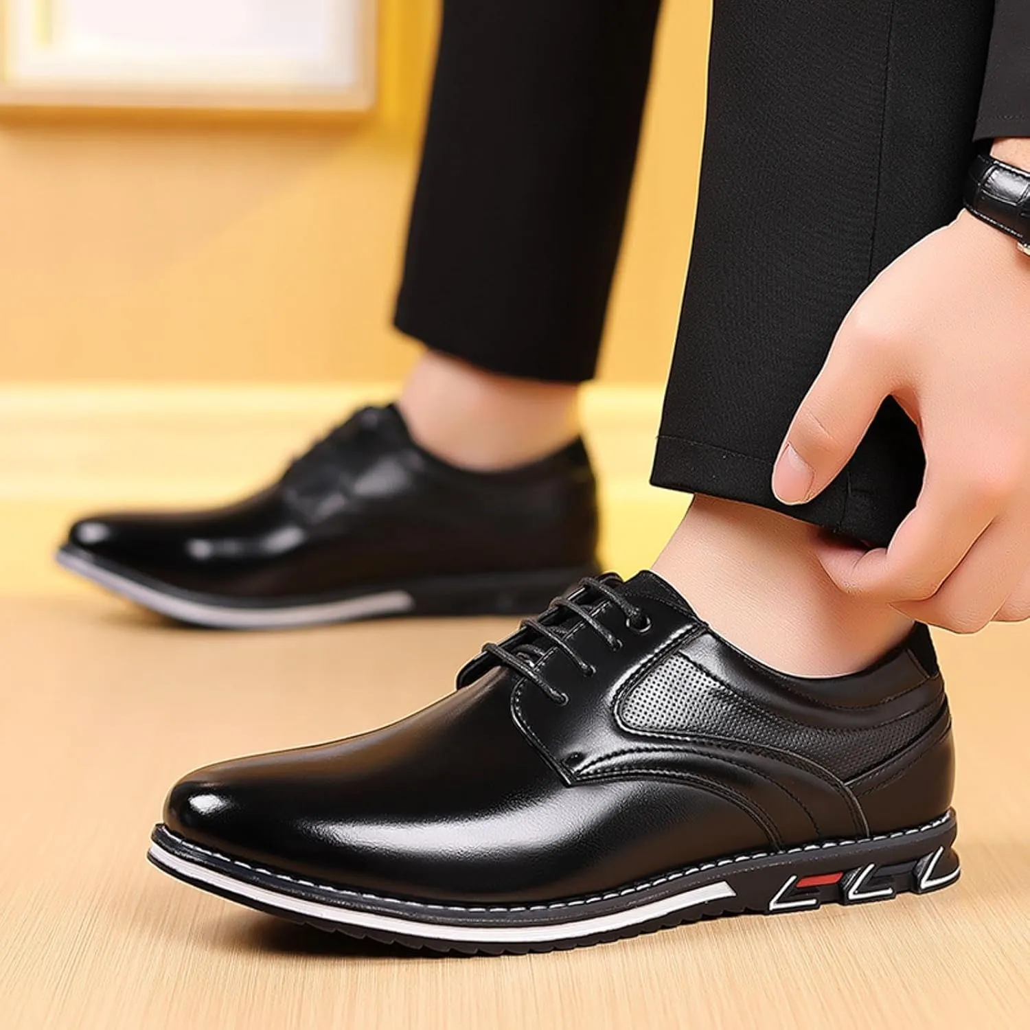 Formal Shoes for Men Brown Loafers Men Leather Shoes Fashionable New Pattern Pointed Flat Bottom Soft Bottom Lace Up Comfortable Large Size Men's Leather Lined Dress Oxfords Shoes