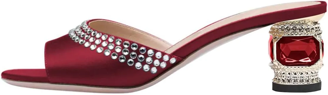 FSJ Women Crystal Low Heel Bridal Pumps Slip on Mules Slide Sandals Peep Toe Clogs Dressy Rhinestone Slipper Shoes Size 4-15 US